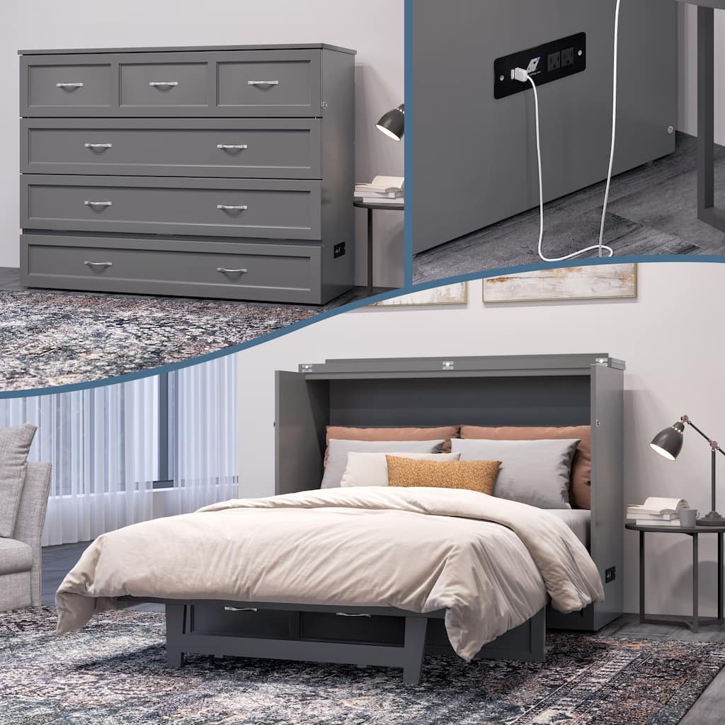 Northfield Full Murphy Bed Chest with 6" Mattress, Storage Drawer & Built-In Charger in Grey