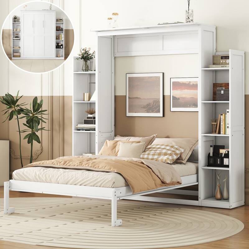 Wooden Wall Murphy Bed with Side Bookshelf & LED Lights - White - Full