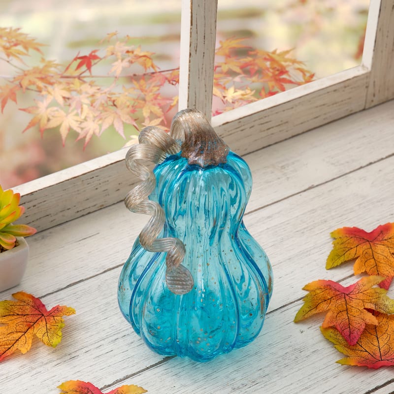 Glitzhome Fall Hand Blown Blue Glass Pumpkin Thanksgiving Table Decor