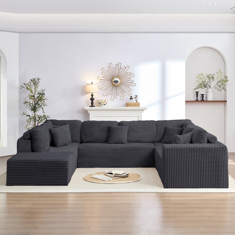 Mixoy 136"U-Shaped Modular Corduroy Sectional Sofa,7-Seater Deep Seats Sofa with Movable Ottoman - U-Shaped