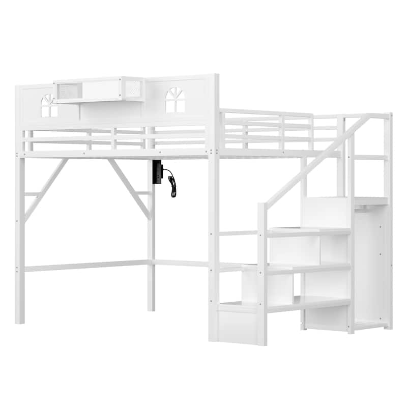 Full / Queen Size Loft Bed with Stairs, House Shaped Guardrails, and Wardrobe Storage