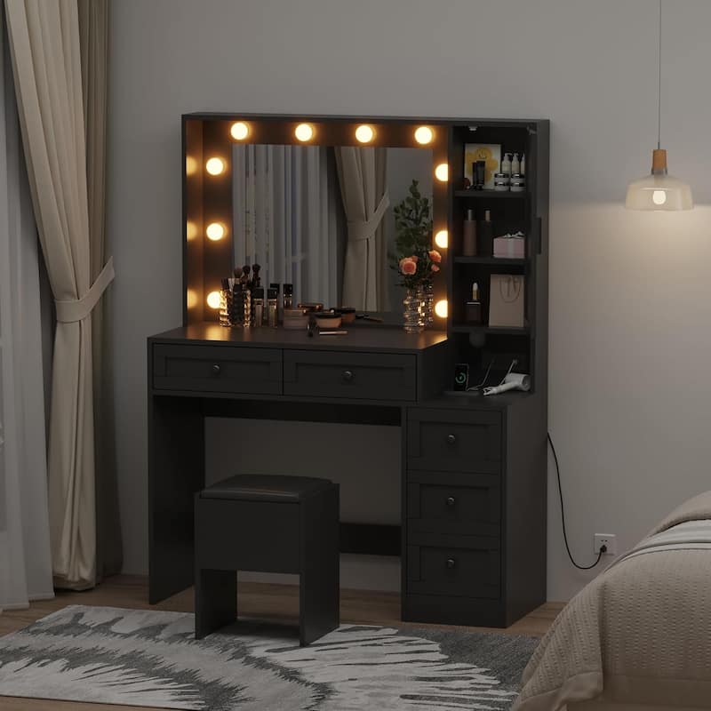 Makeup Vanity Desk and Stool,Vanity Table Set with Charging Station, Drawers and Hidden Storage Shelves