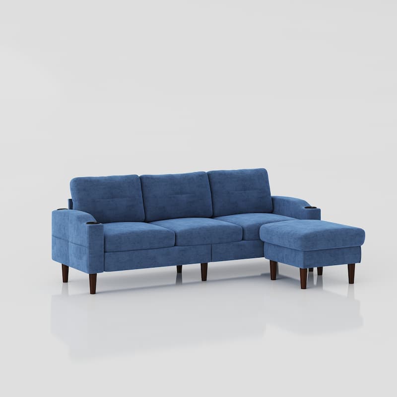 Blue 78.74" Fabric Convertible L-Shaped Sofa with Storage Ottoman, USB Port, and Cup Holder