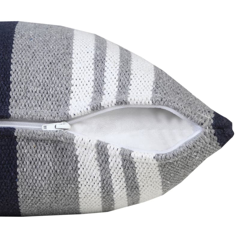 HomeRoots 20" X 20" Navy Gray And White 100% Cotton Coastal Zippered Pillow