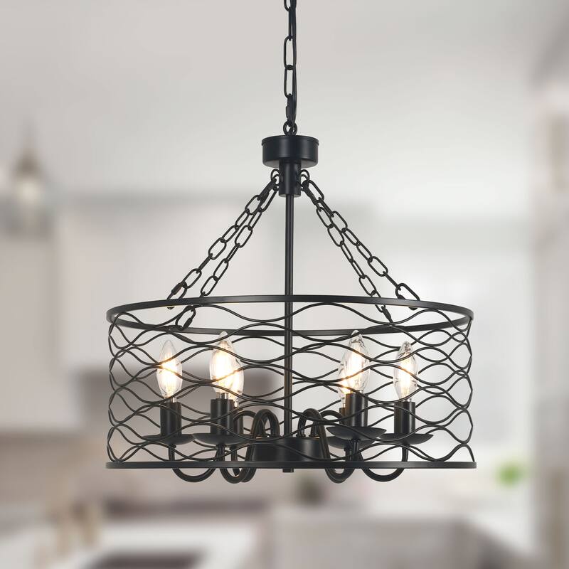 CurveCurio 20" Industrial Caged Matte Black Modern Chandelier, 6 Light w 70" Adjustable Hanging Chain for Dining Room and Foyer - 20" * 20" * 10" - Matte-Black