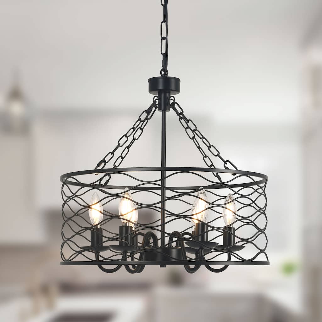 CurveCurio 20" Industrial Caged Matte Black Modern Chandelier, 6 Light w 70" Adjustable Hanging Chain for Dining Room and Foyer