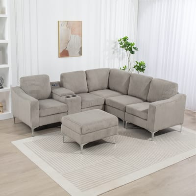 Modular L-Shaped Corduroy Sectional Sofa with USB Ports, Storage Ottoman and Cup Holders for Living Room Apartment