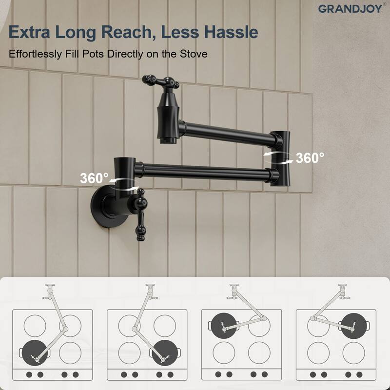 GRANDJOY Wall‑Mount Pot Filler Faucet with Dual Handle Control,High Flow Cold Water Faucet for Stove, Foldable Design
