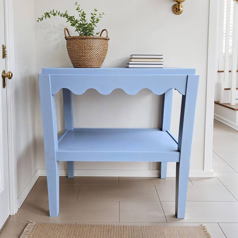 Carolina Chair & Table Rectangular Side Table, Mango Wood, Decorative Scallop Edge, 17L x 28W x 28H inches - Light Blue