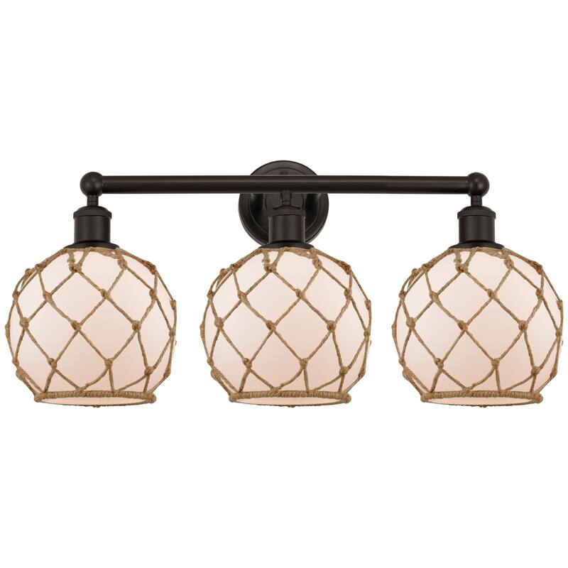Innovations Lighting Endless Possibilities Edison - Farmhouse Rope - 3 Light 26" Bath Vanity Light - White Glass with Brown Rope/Oil Rubbed Bronze