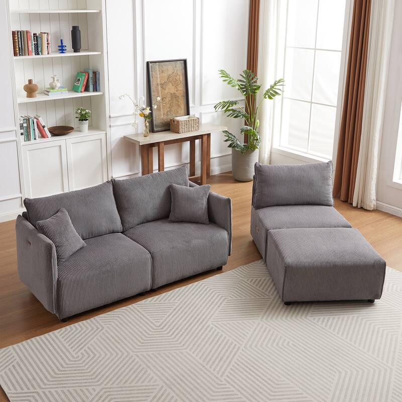 Minimalist Corduroy Sectional Sofa with Comfort Cushions and USB & C Charging Ports