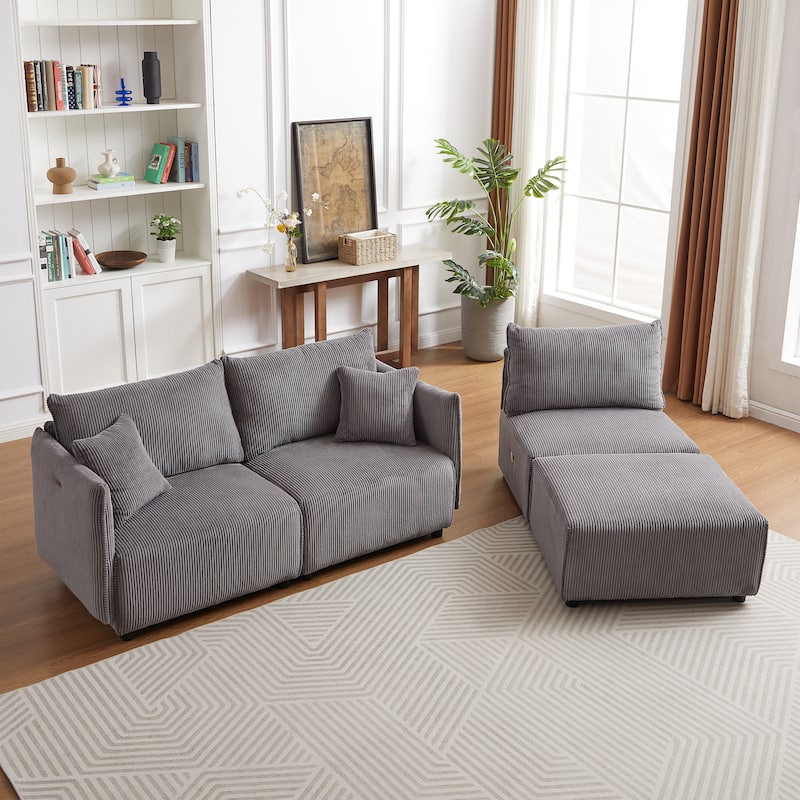 Multi-Module Combination Style Modern Minimalist Corduroy Combination Sofa with 2 Comfort Cushions with USB & C Charging Port