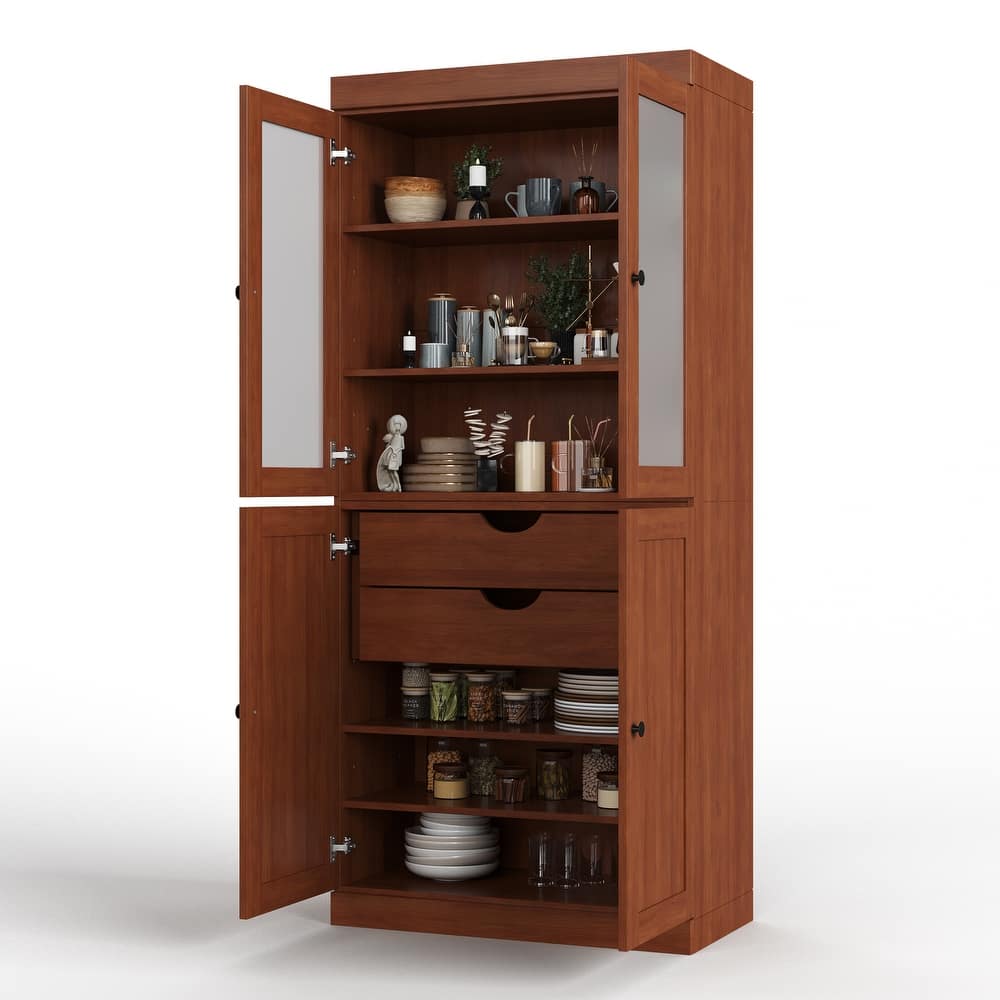 Palace Imports 100% Solid Wood 32" Pantry Cabinet with Frosted Glass, Shaker Doors, 2-Drawers and Adjustable Shelves