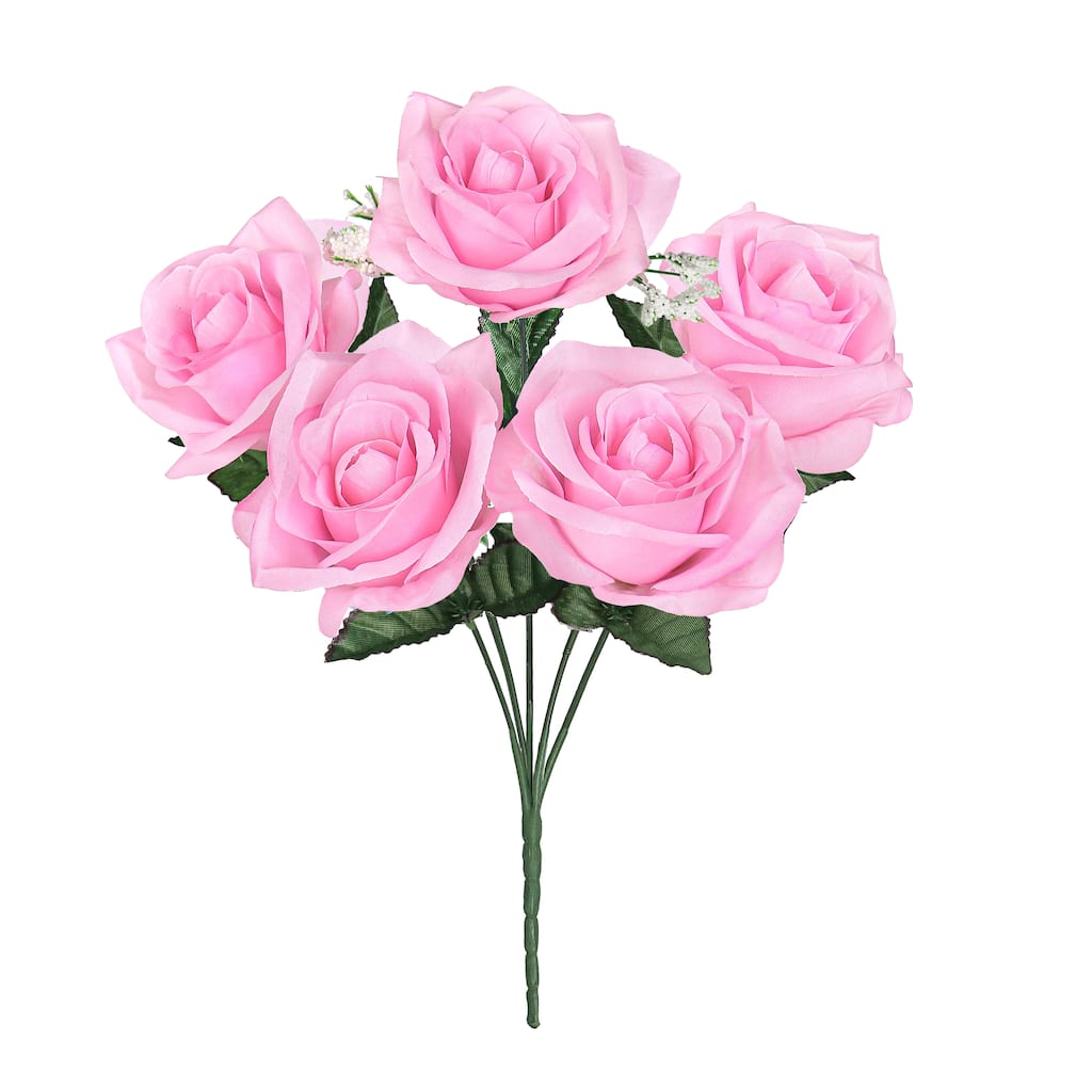 Set of 12 Pink Artificial Open Rose Flower Stem Bush Bouquet 14in - 14" L x 7" W x 7" DP