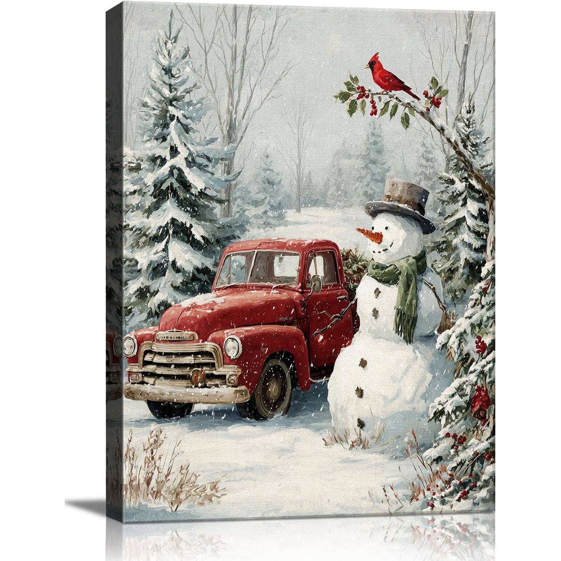 Christmas Snowman Red Truck Canvas Wall Art