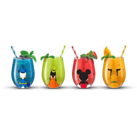 Disney Squad Mickey Mouse & Pals Looking Backwards Stemless Wine Glasses -15 oz - Set of 4 - 15 oz.