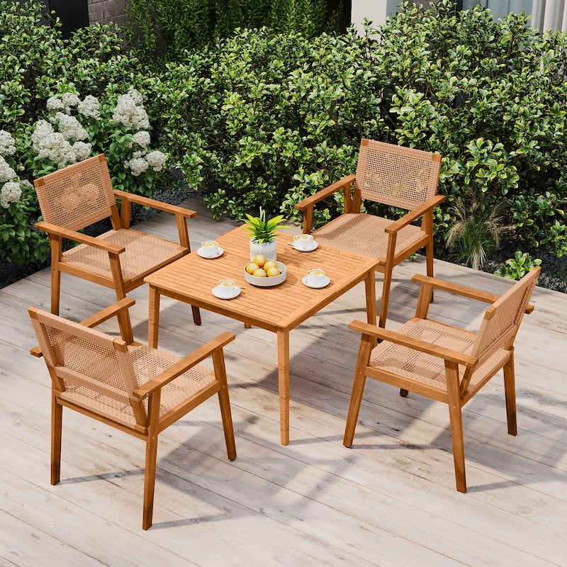 Gymax Acacia Wood Outdoor Dining Chairs Set of 4 w/Backrests &