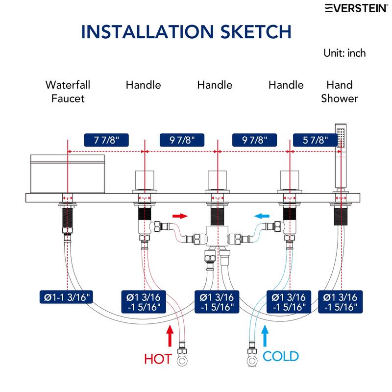 5-Hole 3-Handle Deck-Mount Waterfall Tub Faucet with Hand Shower,Waterfall Spout Bathtub Faucet