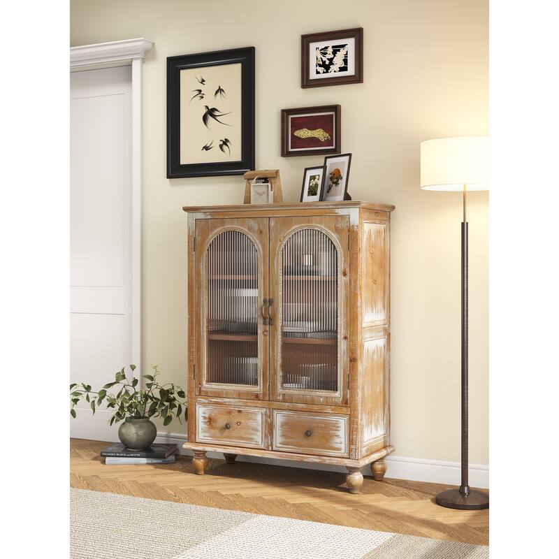 Farmhouse Storage Cabinet,Wood Kitchen Pantry Cabinet with 2 Glass Doors & 2 Drawers,Freestanding Buffet Cupboard with Shelves