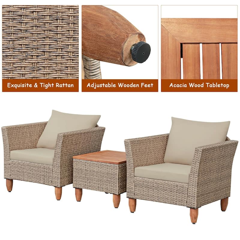 3 Pieces Patio Rattan Furniture Set with Washable Cushion for Yard Porch - 29" x 27" x 28"(L x W x H)