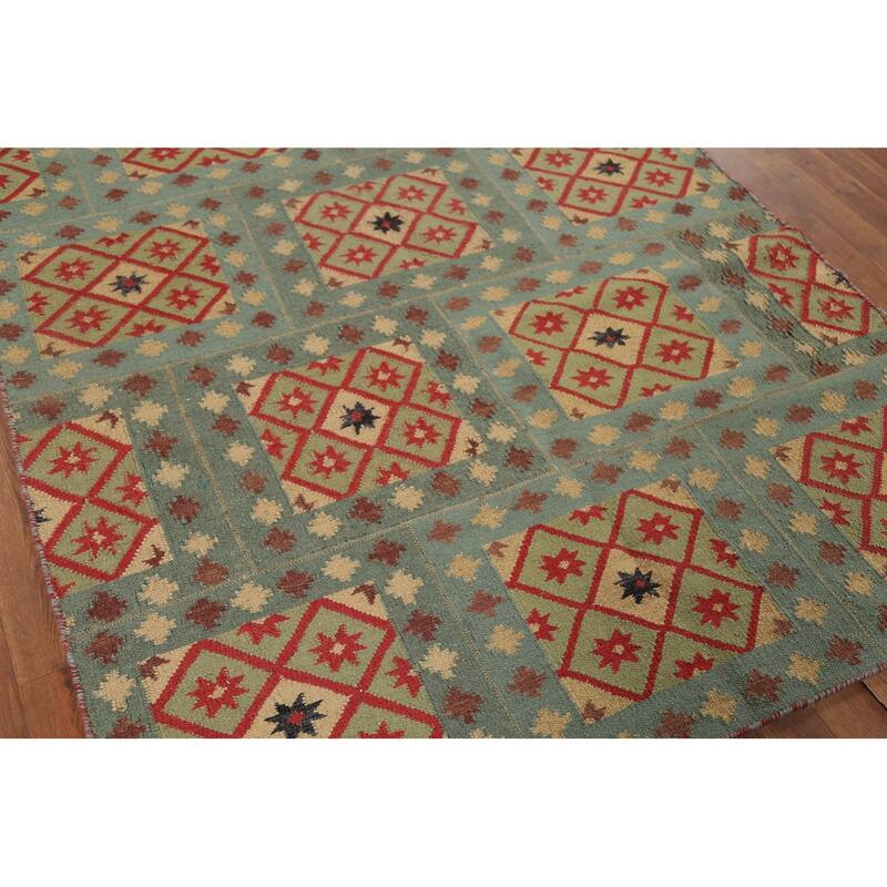All-Over Geometric Kilim Indian Area Rug Handmade Wool Carpet - 4'11"x 7'8"