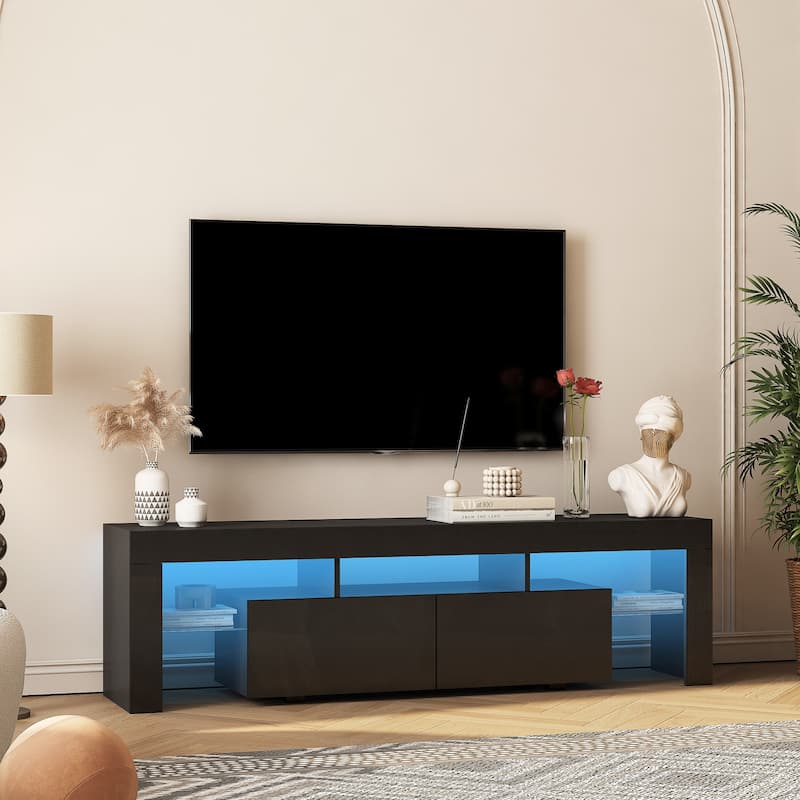 Black 63" TV Stand with LED Light, Open and Hidden Storage Spaces for TVs Up to 65"