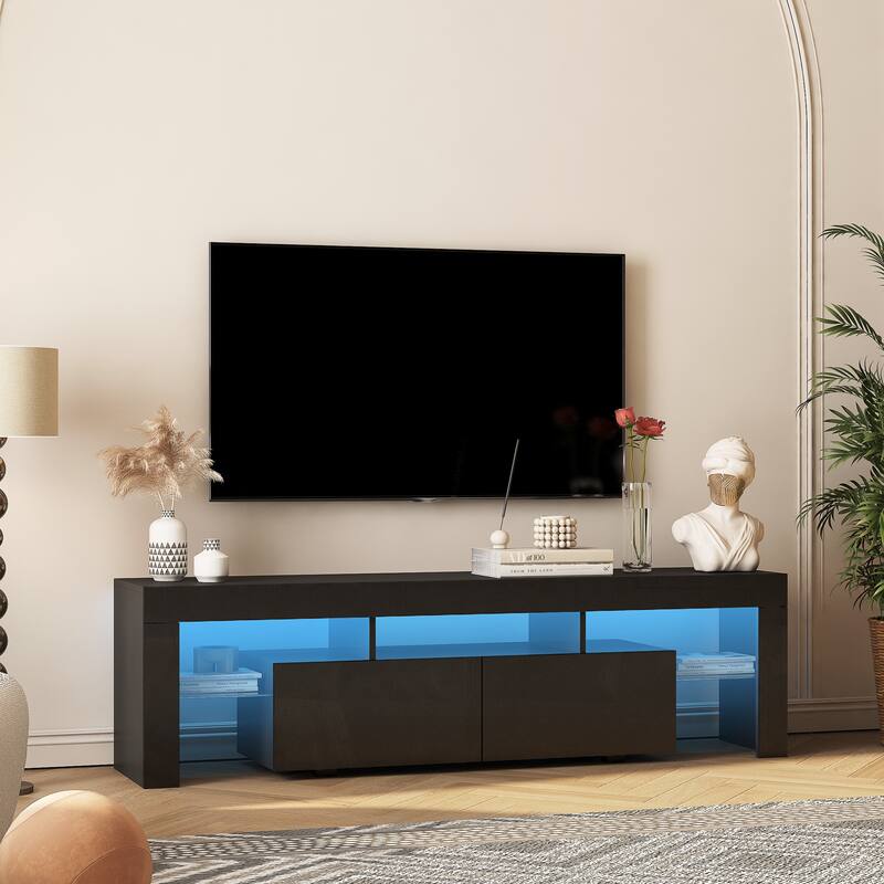 High Gloss TV Stand for TVs up to 65'', Entertainment Center w/ Glass Shelf Modern TV Console w/ Storage Drawers for Living Room