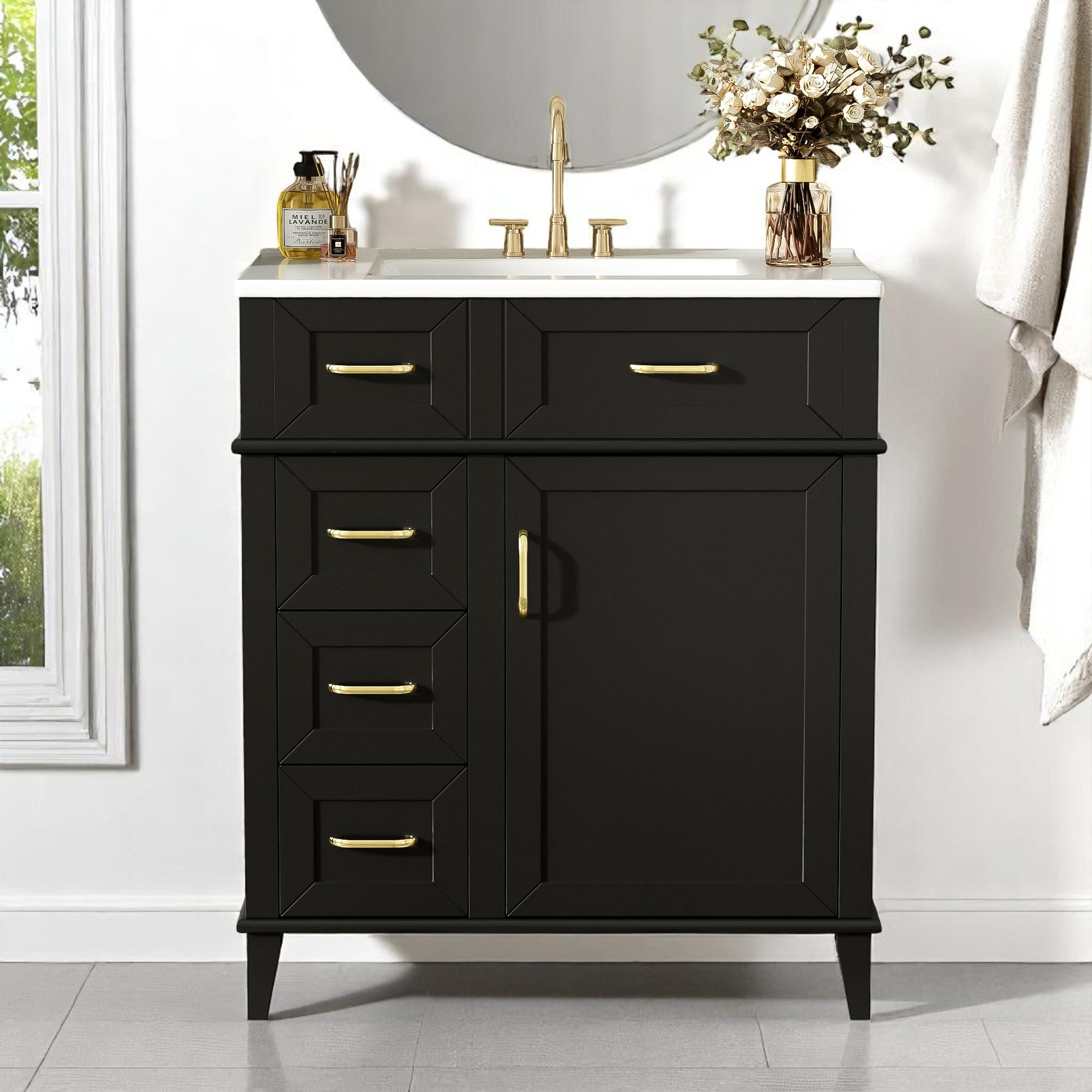 Traditional 30 Inch Bathroom Vanity with Sink, 3 Soft-Close Drawers, Adjustable Storage, Gold Hardware, Freestanding