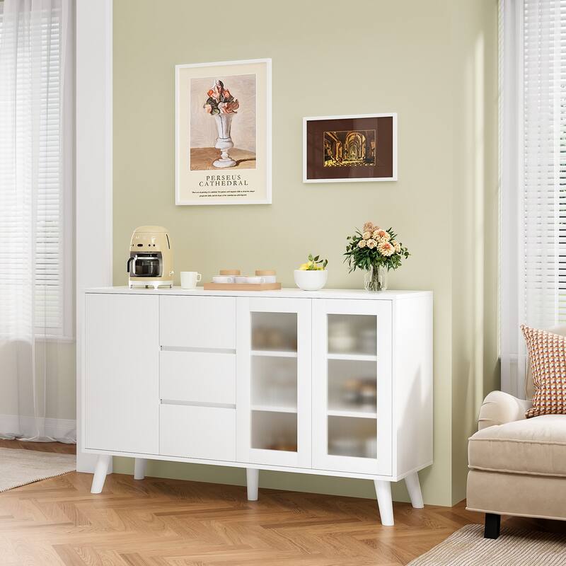 Farmhouse Buffet Cabinet, 55.5" Coffee Bar with 3 Drawers and Pop-Up Doors, Large Rustic Sideboard for Dining Room