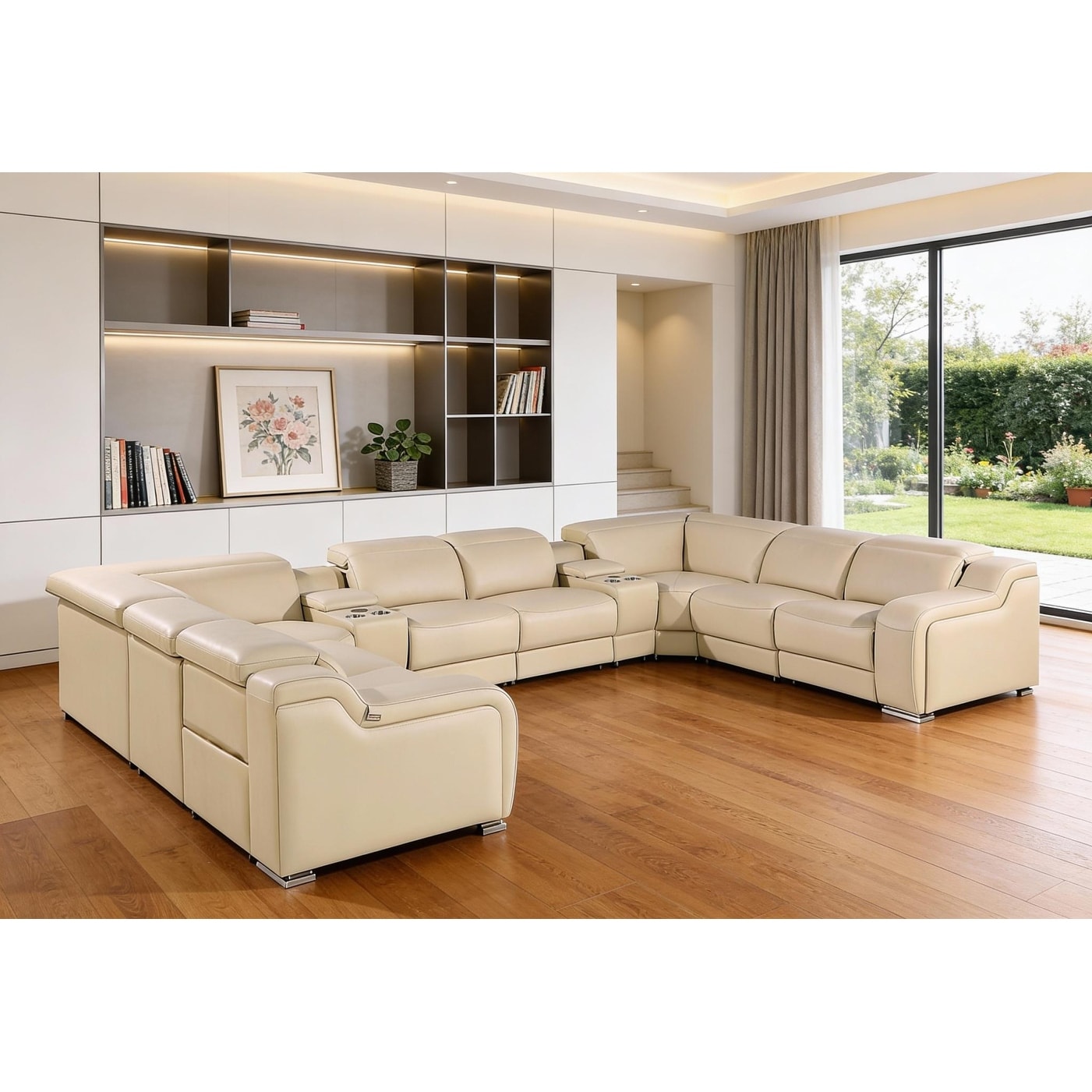 HomeRoots Beige Italian Leather Power Reclining U Shaped Ten Piece Corner Sectional With Console
