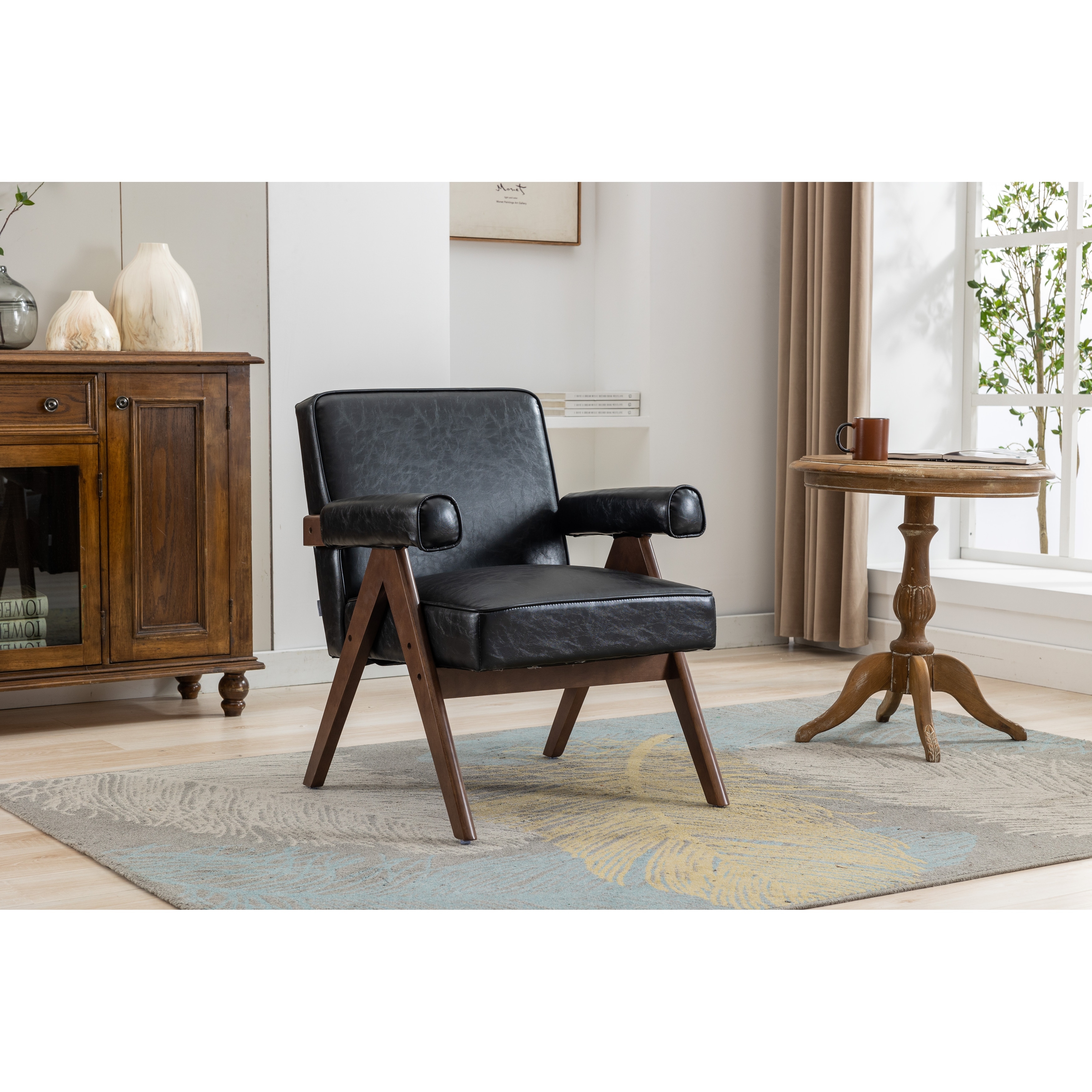 PU Leather Chairs Leisure Armchair with Feet Modern Solid Wood