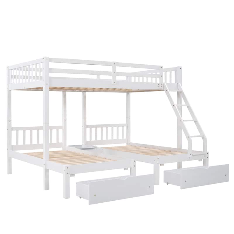 Full Over Twin & Twin Bunk Bed, Wood Triple Bunk Bed with Drawers and