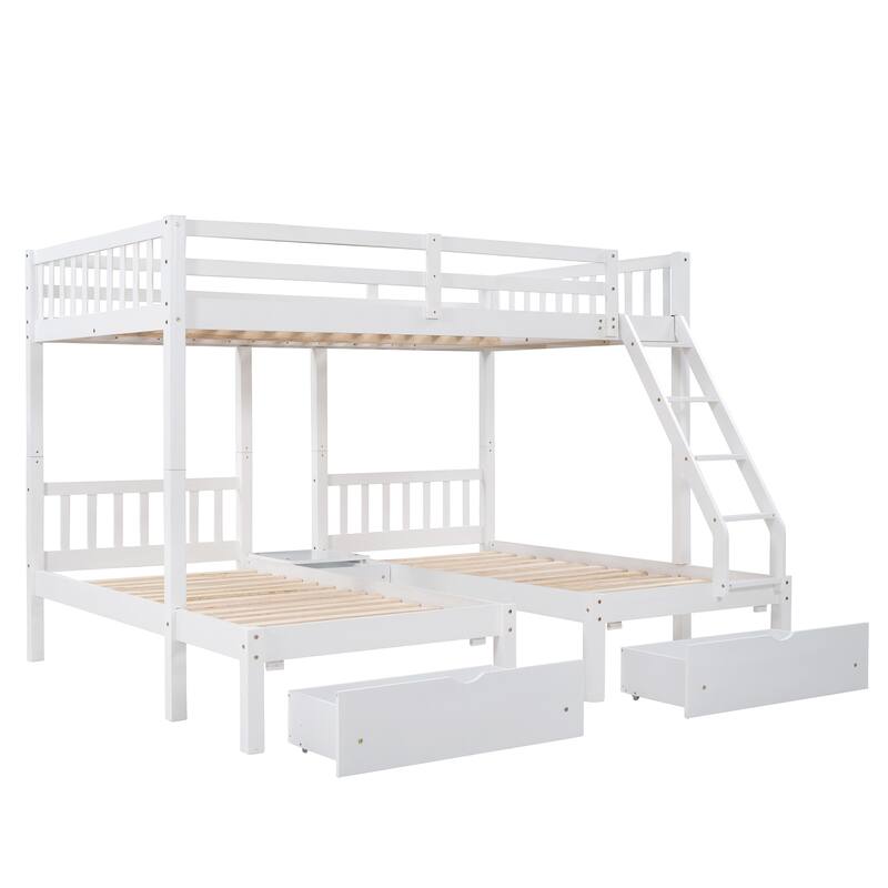 Full Over Twin Wood Triple Bunk Bed with Drawers, Guardrails, and Angled Ladder - Space-Saving Design
