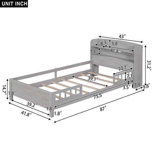 Twin Size Wood Platform Bed with LED Lighting, Storage Headboard, and Guardrails, Features Sturdy Construction