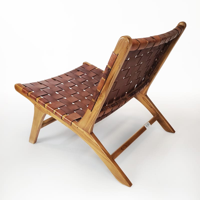 Brisot Square Weave Leather on Teak Wood Lounge Chair