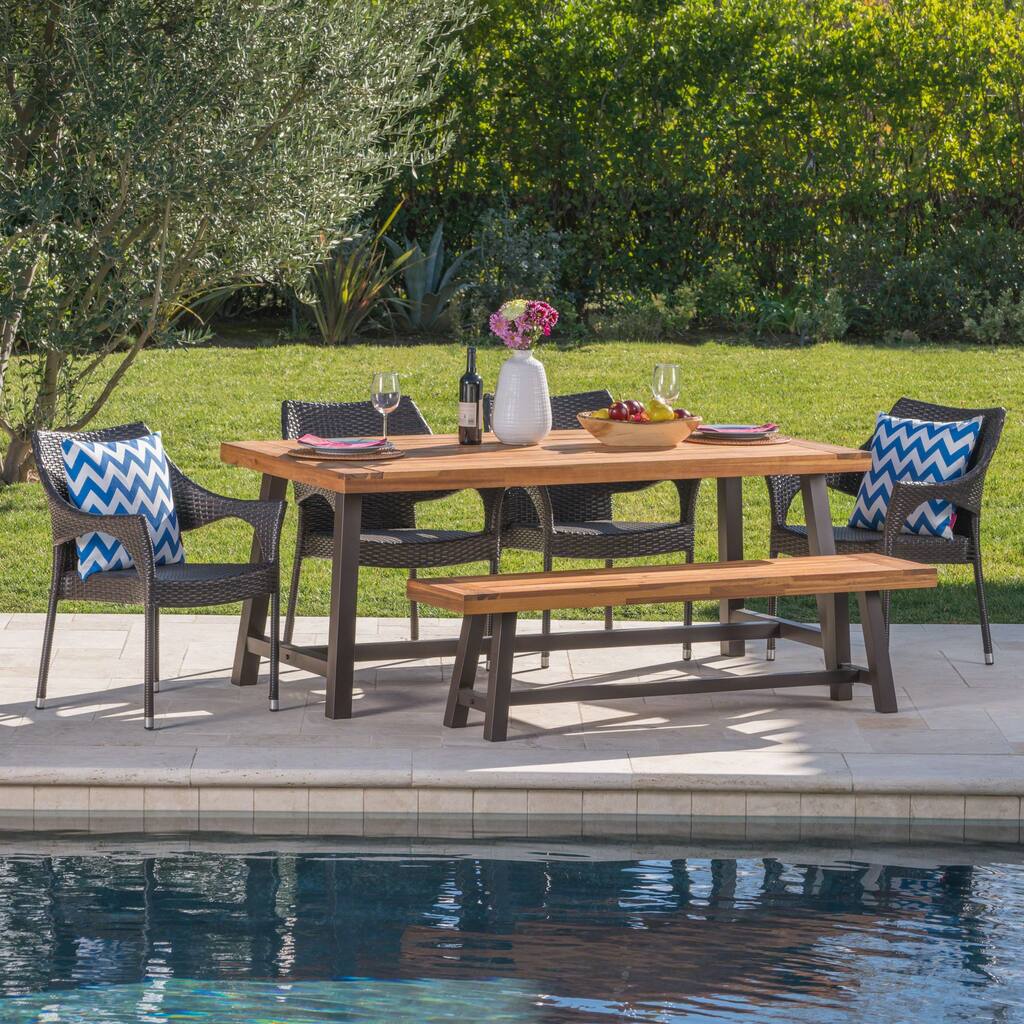 Christopher Knight Home Fletcher Outdoor 6-Piece Rectangular Acacia Wood and Wicker Dining Set