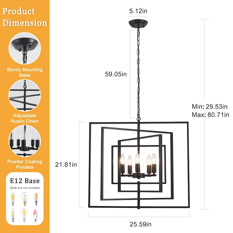 25.59inch 5 Lights Modern Chandelier with 4 Metal Frames 360 Degree Adjustable for Different Rooms