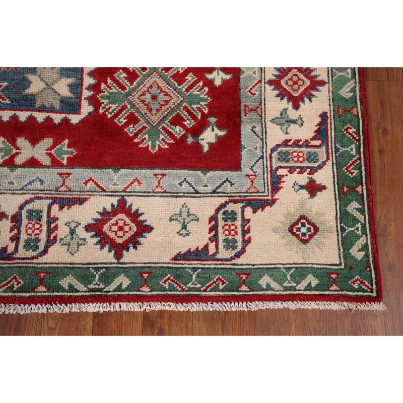 Geometric Red Kazak Oriental Area Rug Hand-Knotted Wool Carpet - 5'1" x 6'8"
