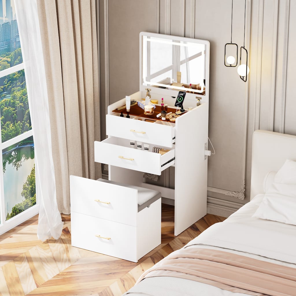 Compact Make-up Vanity Set with Visible Glass Desktop & Mirror, 3 in 1 Dressing Table Desk with Stool & Charging Station