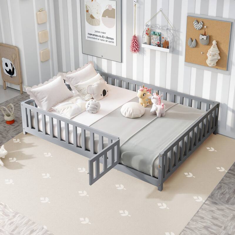Full Size Floor Platform Bed with Fence and Door for Kids, Wooden Montessori Floor Bed Frame