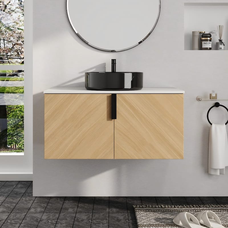 Malwee 30"/36" Floating Bathroom Vanity, Wall Mounted Bathroom Vanity with Ceramic Sink and Soft Close Door - Beige-Black with White Patterns Sink - 35.5"×18.9"×21.8"