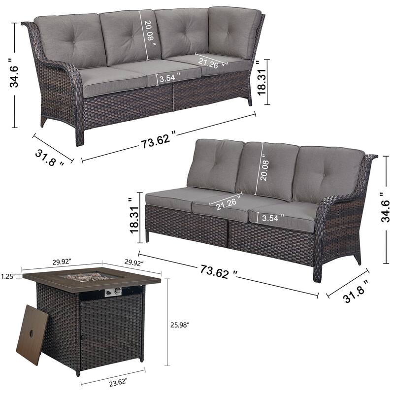 Gymojoy 2-Piece Outdoor Wicker Patio Furniture with Fire Pit and L-shaped Sectional Sofa, Coversation Set with Thick Cushions