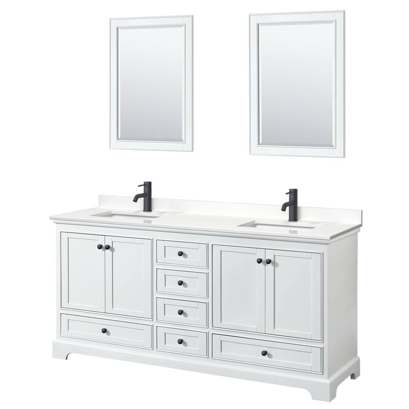 Deborah 72-inch Double Vanity, Quartz Top, 24-inch Mirrors - White, Black Trim, White Quartz Top