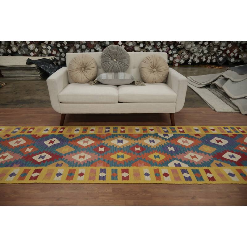 Hand Woven Oriental 100% Wool Carpet Southwestern Geometric Navy Blue & Blues Kilim Runner Rug - 12' 9'' X 3' 6''