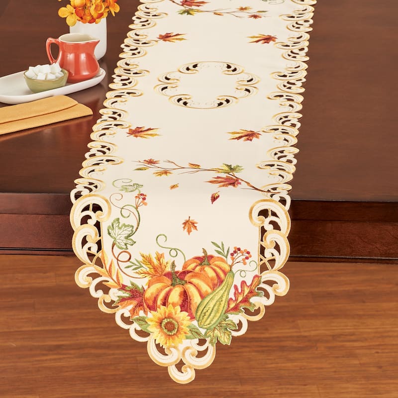 Embroidered Pumpkin Floral Scroll Accents Table Linens - Runner