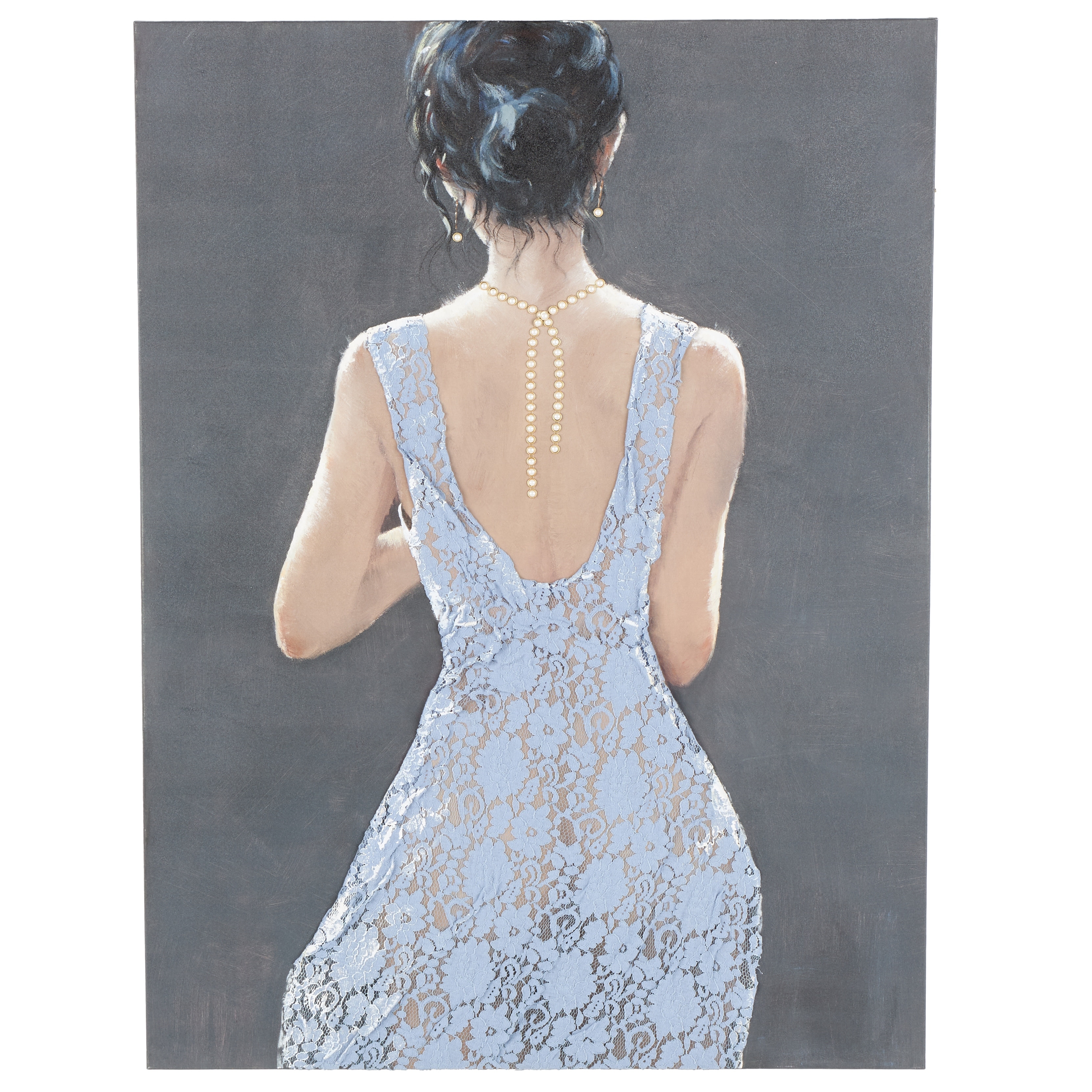 Canvas Woman Living Room Framed Wall Art with 3D Blue Fabric Dress and Gold Jewels - Multi Colored - Roche River Decor - Black