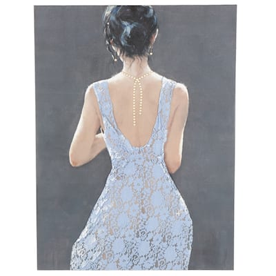 Canvas Woman Living Room Framed Wall Art with 3D Blue Fabric Dress and Gold Jewels - Multi Colored - Roche River Decor