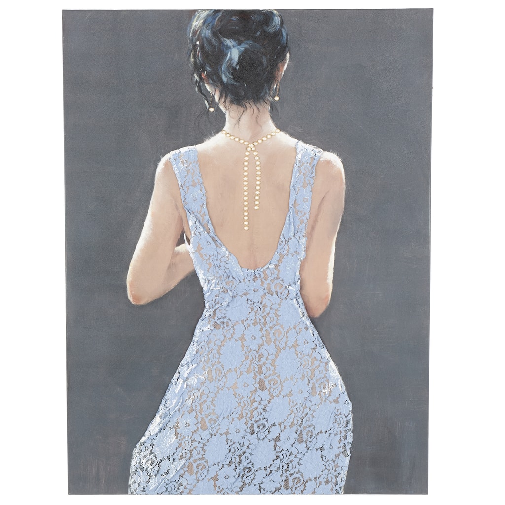 Canvas Woman Living Room Framed Wall Art with 3D Blue Fabric Dress and Gold Jewels - Multi Colored - Roche River Decor