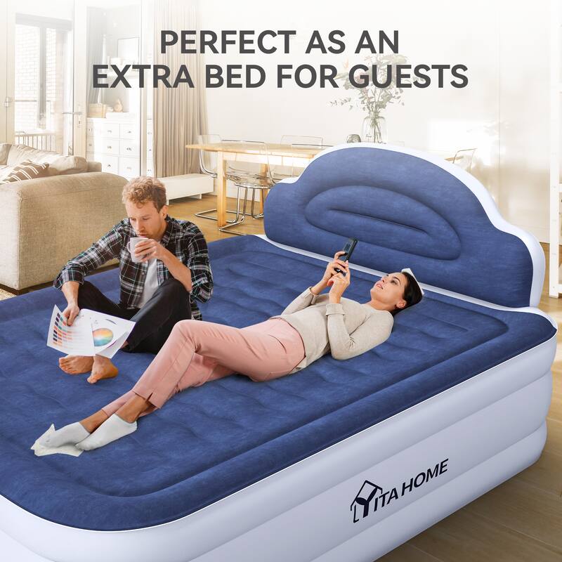 Cloud-shaped inflatable mattress with a built-in power cord, fixed pump head, and inflatable headboard