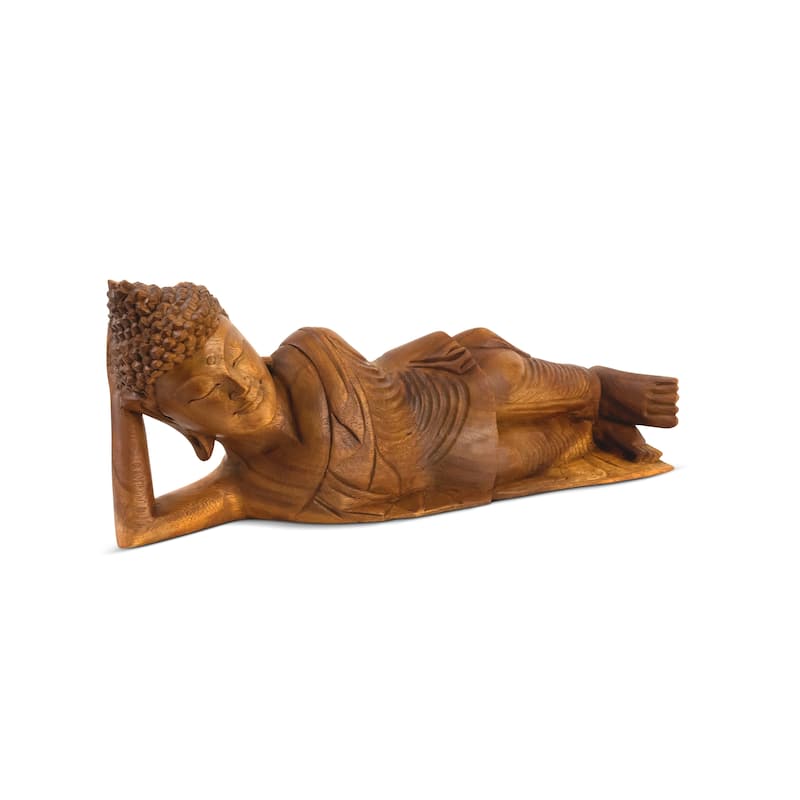 Wooden Hand Carved Serene Reclining Buddha Statue Sculpture Handmade Figurine Decorative Home Decor Accent Handcrafted - 20" long x 7" tall x 5" deep